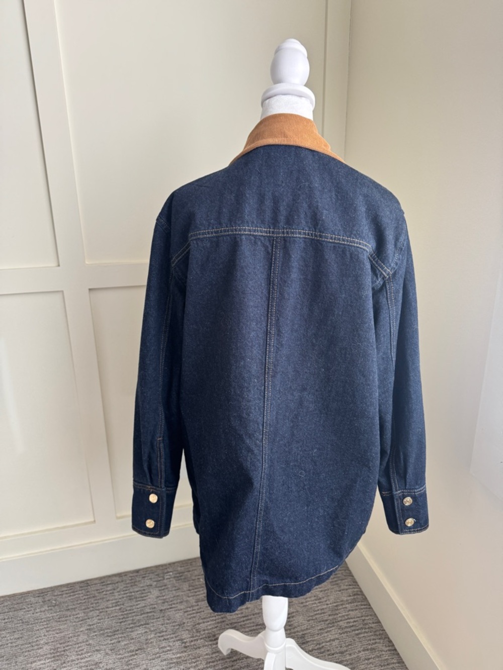 Reformation Navy Denim Field Jacket with Brown Corduroy Collar - Picture 8 of 12
